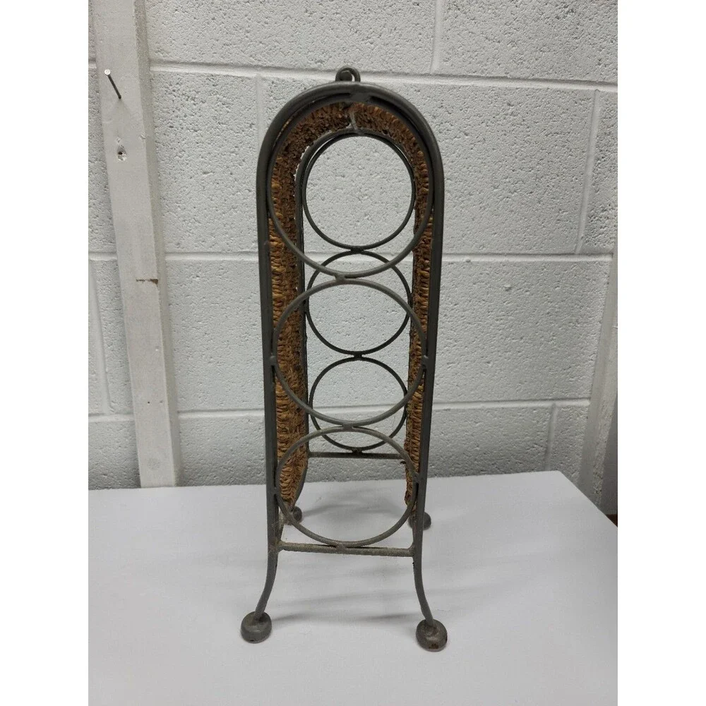 vtg Wrought Iron woven wicker rattan tabletop 3 Wine bottle Rack Holder Caddy